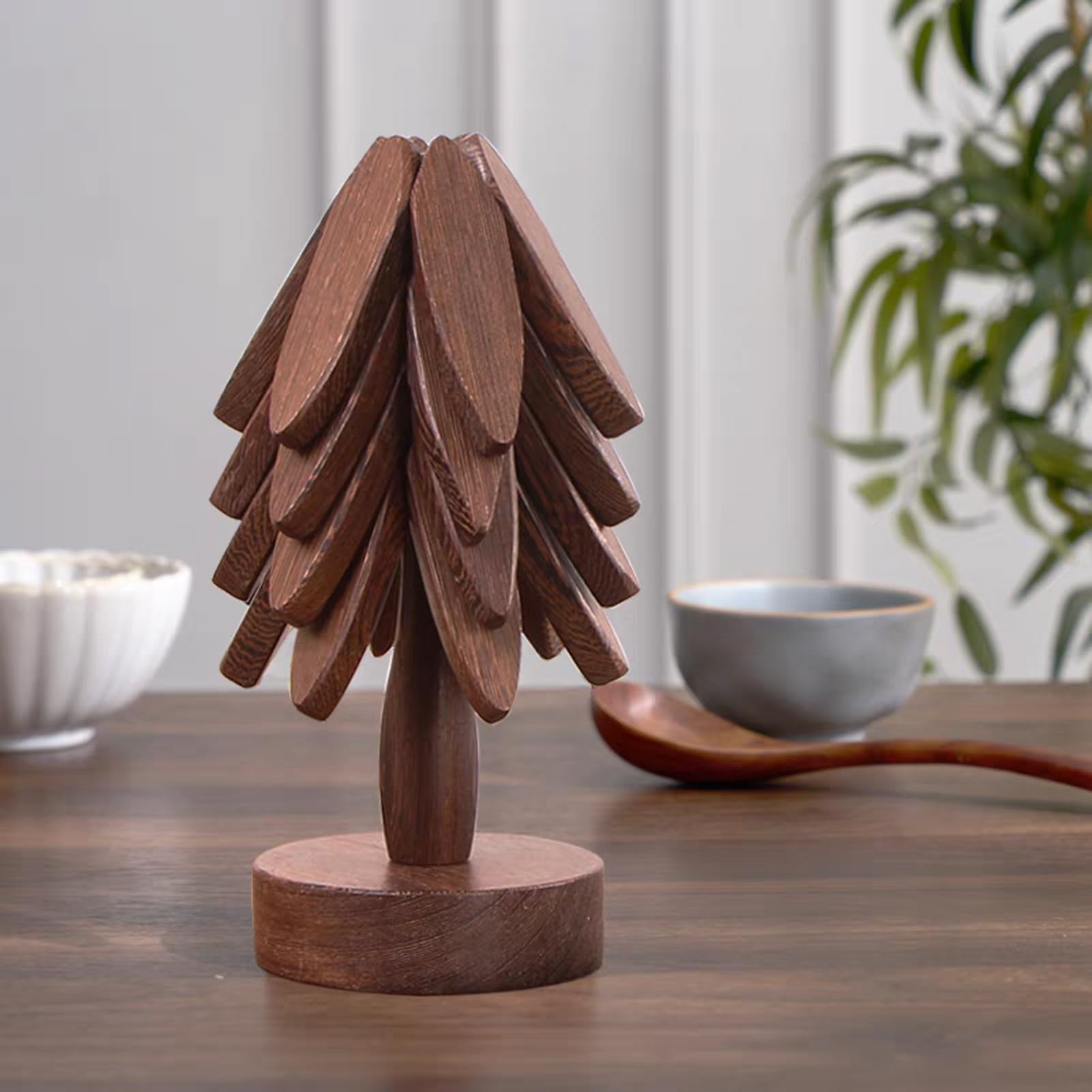 DEOLD Wooden Pinwheel Coaster set with bracket storage keeps desk organized.