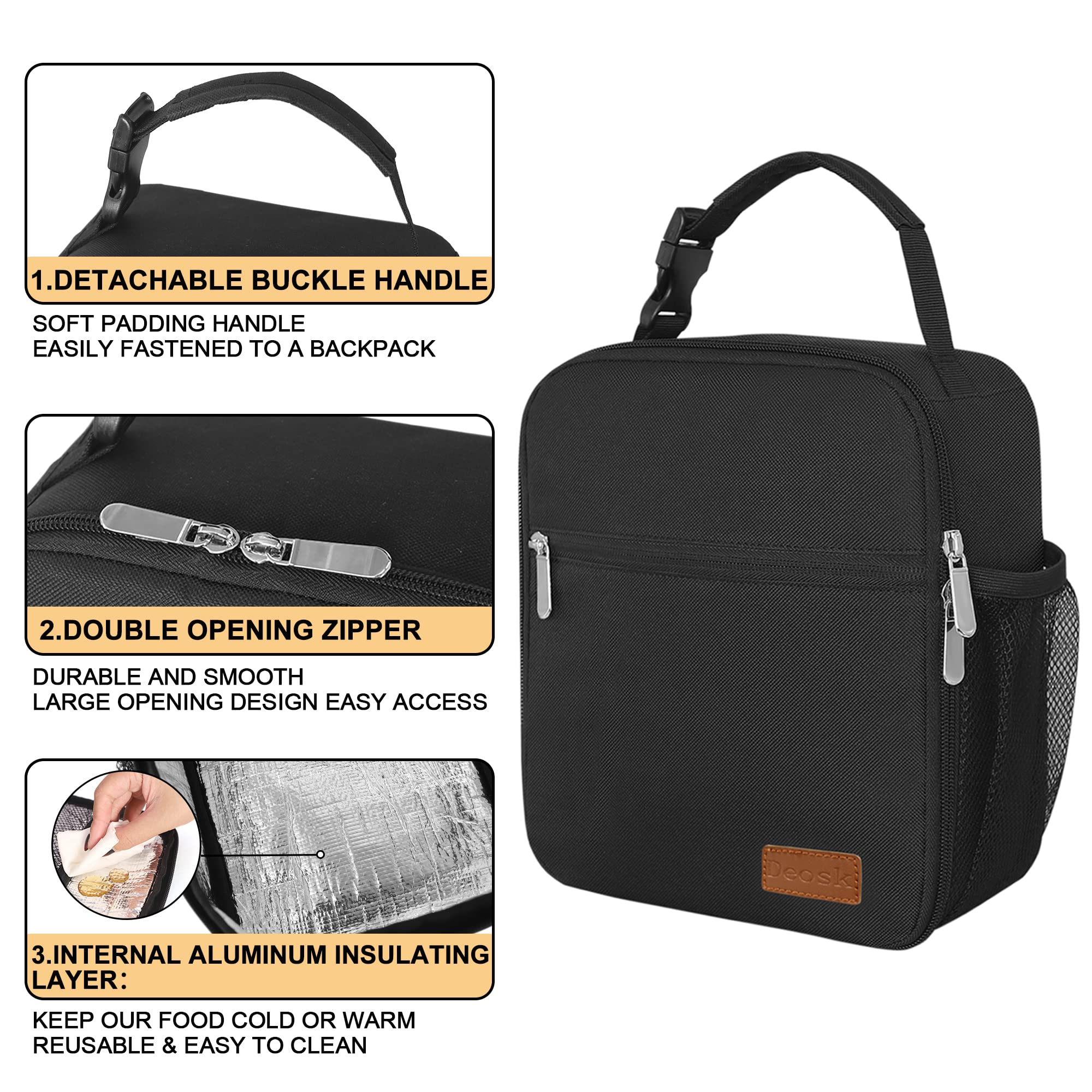 Deosk lunch bag durable material withstands daily use at work, school, and beyond.