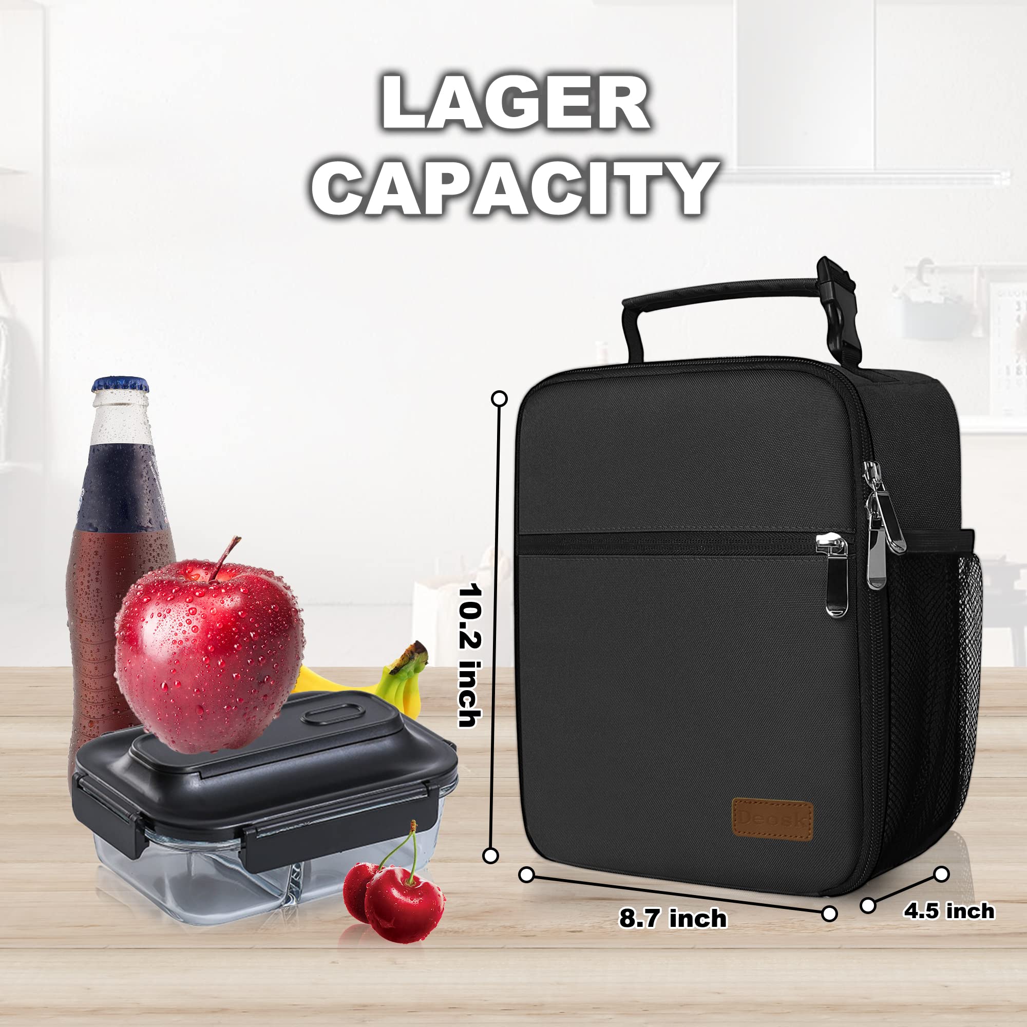 Deosk lunch bag insulated interior keeps foods fresh for hours during commutes.