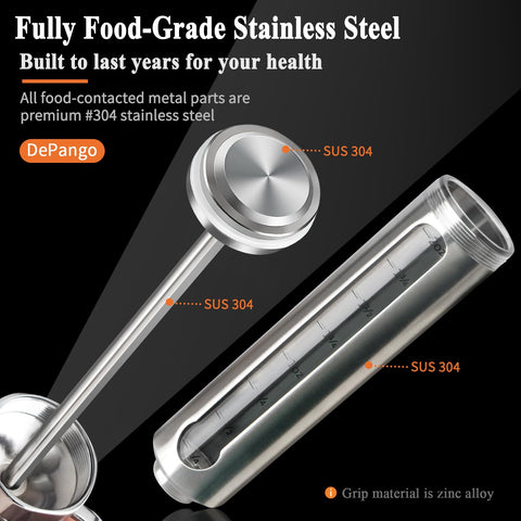 Depango injector with three stainless needles for versatile marinades.