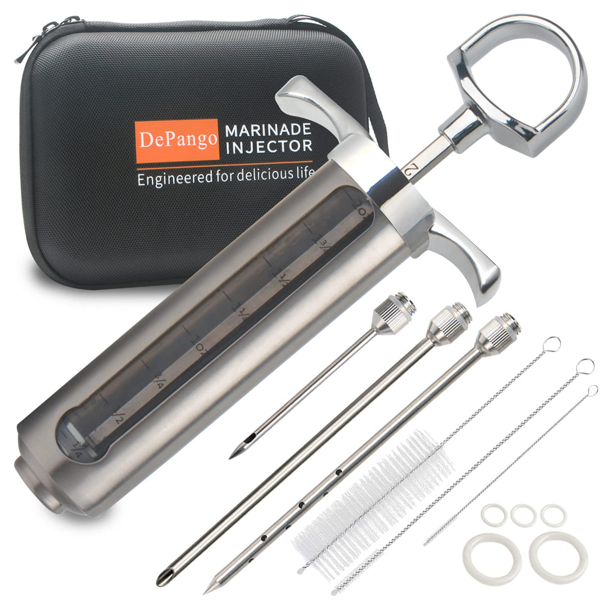 Depango meat injector with 2oz window for precise seasoning.