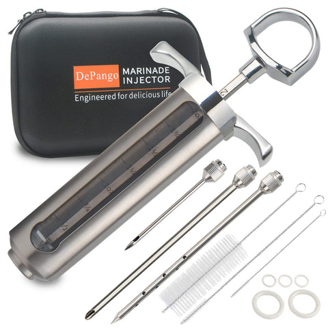 Depango meat injector with 2oz window for precise seasoning.