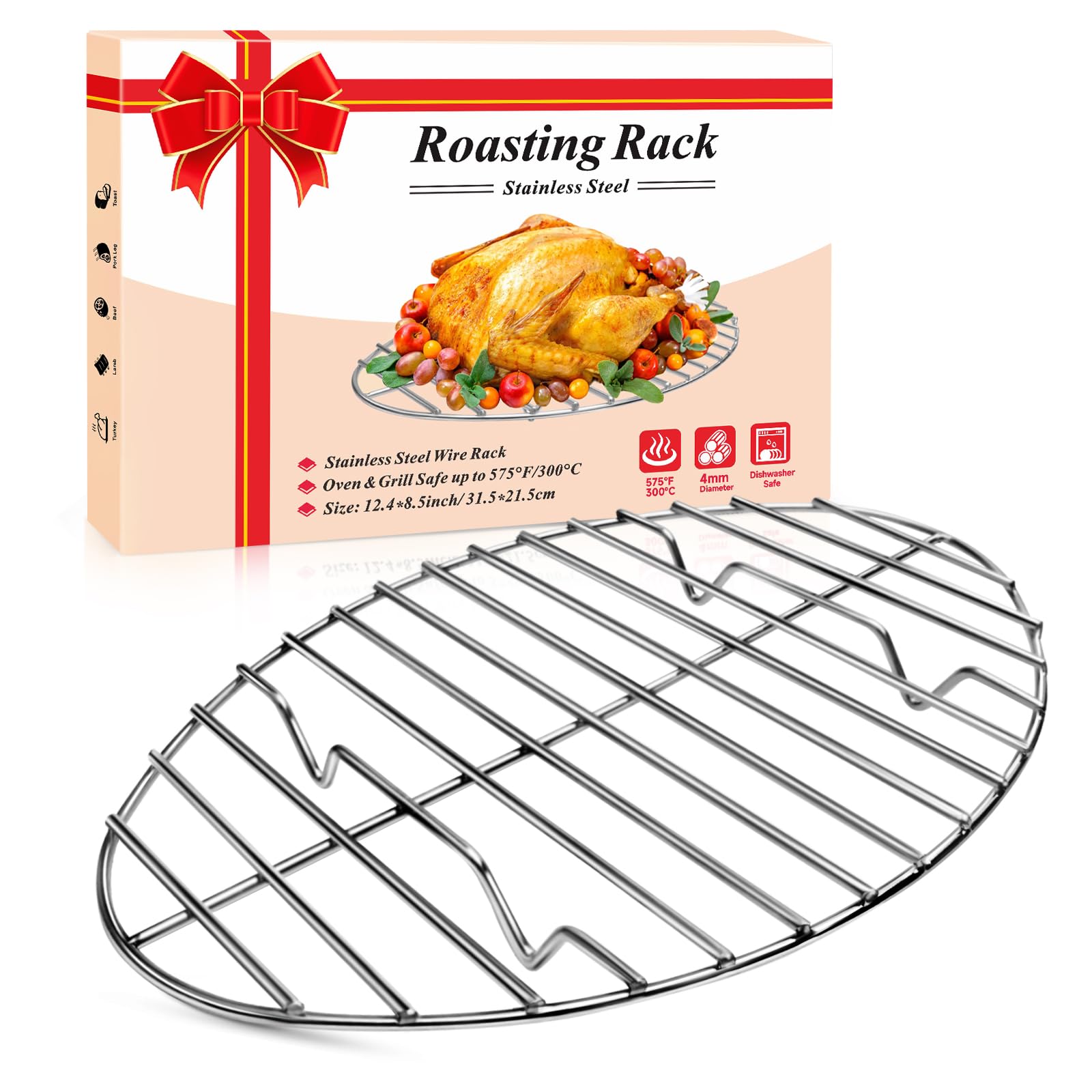 DePango oval turkey roasting rack holds poultry evenly in a 12-inch pan for even browning.