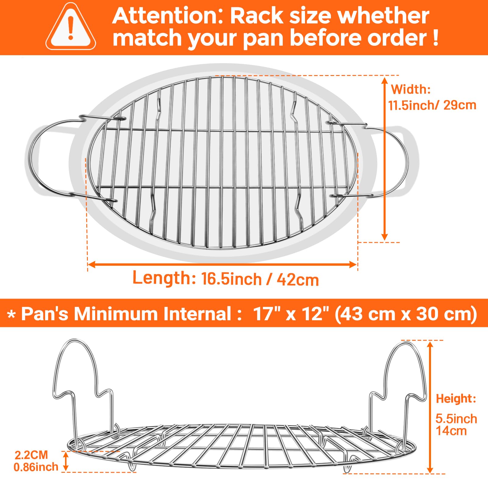 DePango stainless steel roasting rack with handle for safe loading.