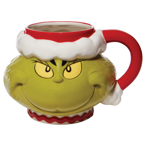 Department 56 Dr. Seuss Grinch Santa Face mug with festive Santa disguise and cheerful charm.