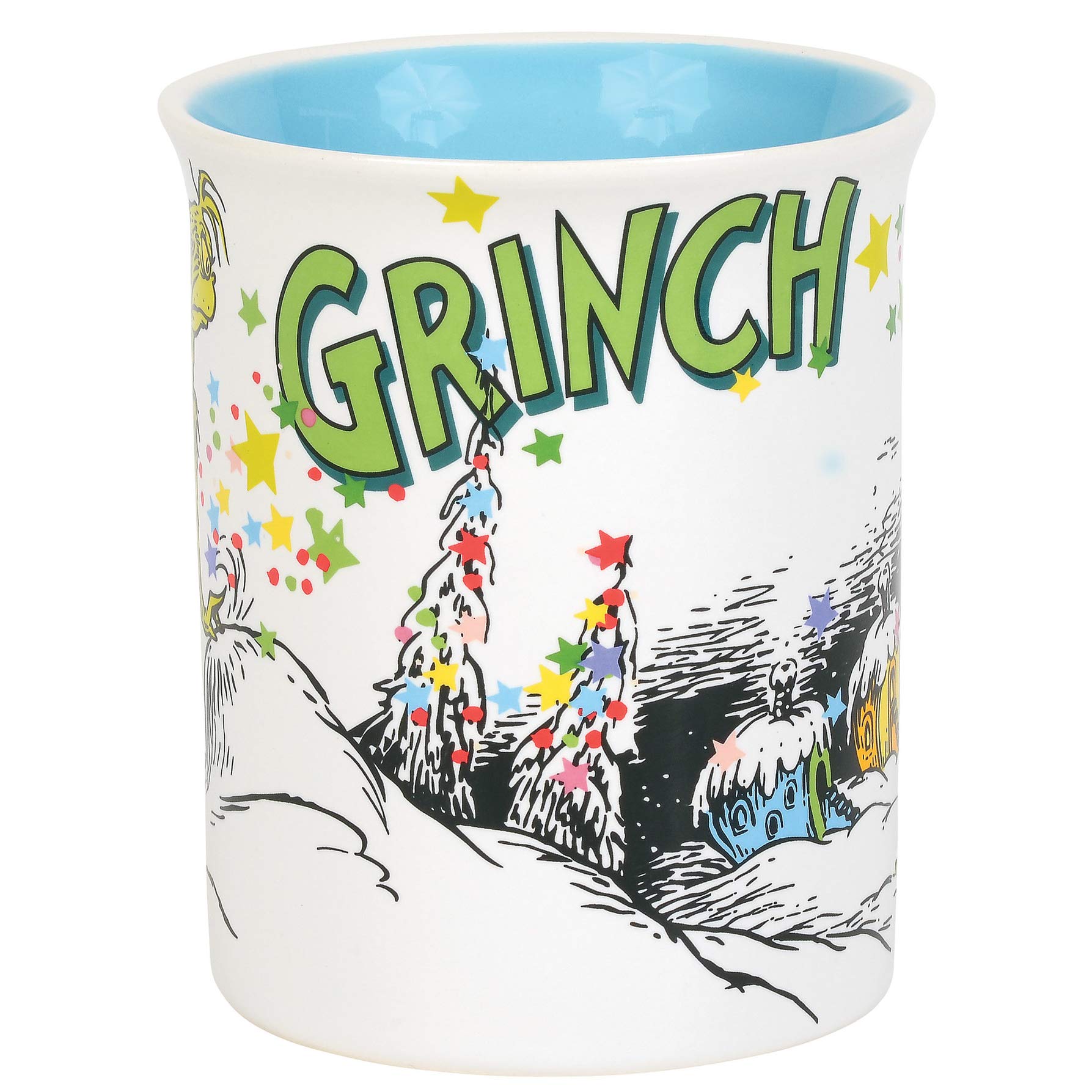 Department 56 Grinch mug close-up, glossy multicolor glaze for cozy mornings