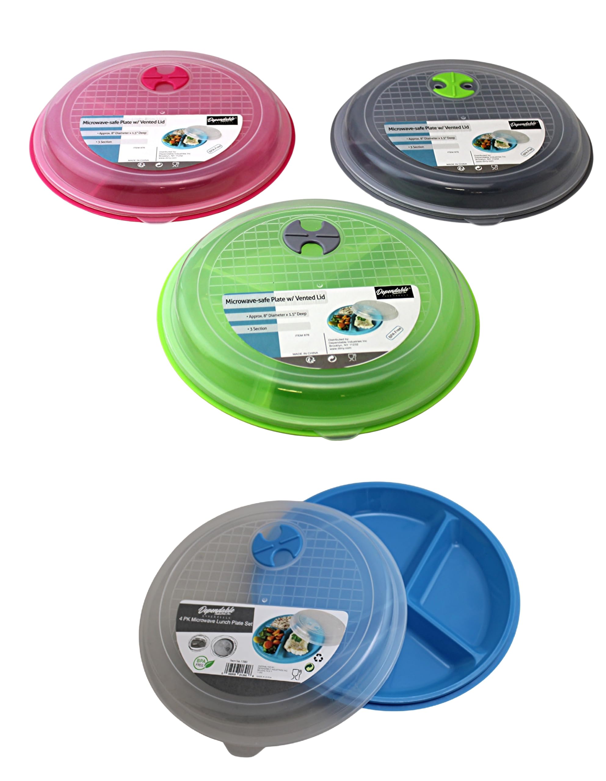 Dependable Essentials divided plates with lids for organized, portion-controlled meals.