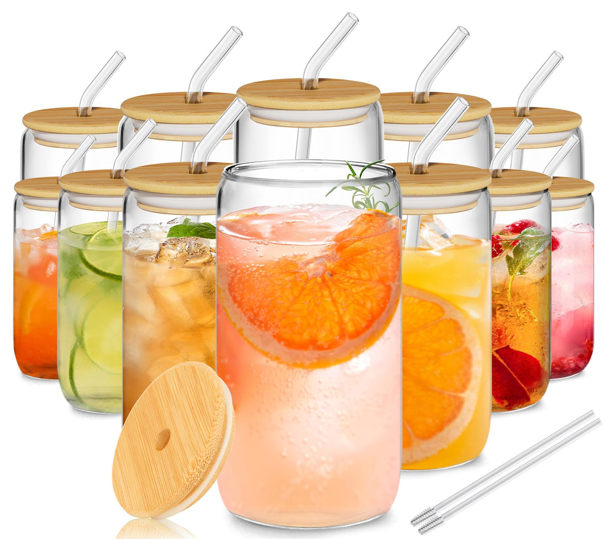 Deriibrico 16oz can-shaped glass cup with lid and straw for iced coffee
