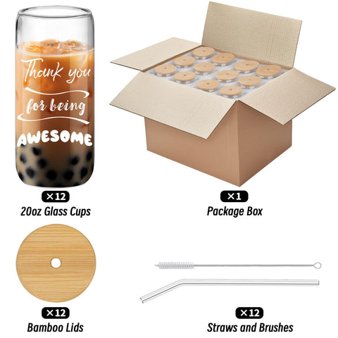Deriibrico 20oz glass cups with lids and straws for spill-free beverages