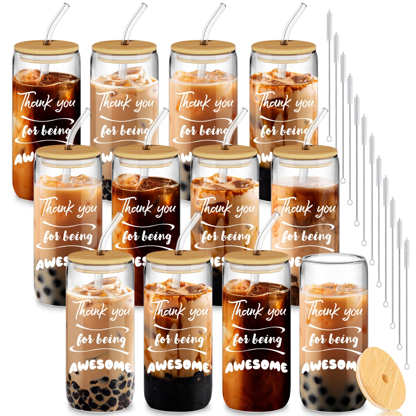 Deriibrico 12-piece glass cups with lids and straws for coworker appreciation