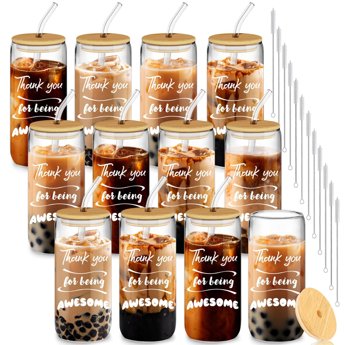 Deriibrico 12-piece glass cups with lids and straws for coworker appreciation