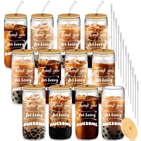 Deriibrico 12-piece glass cups with lids and straws for coworker appreciation