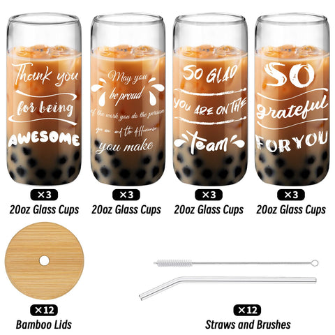 Deriibrico twenty-ounce glass cups with lids and straws for easy serving.