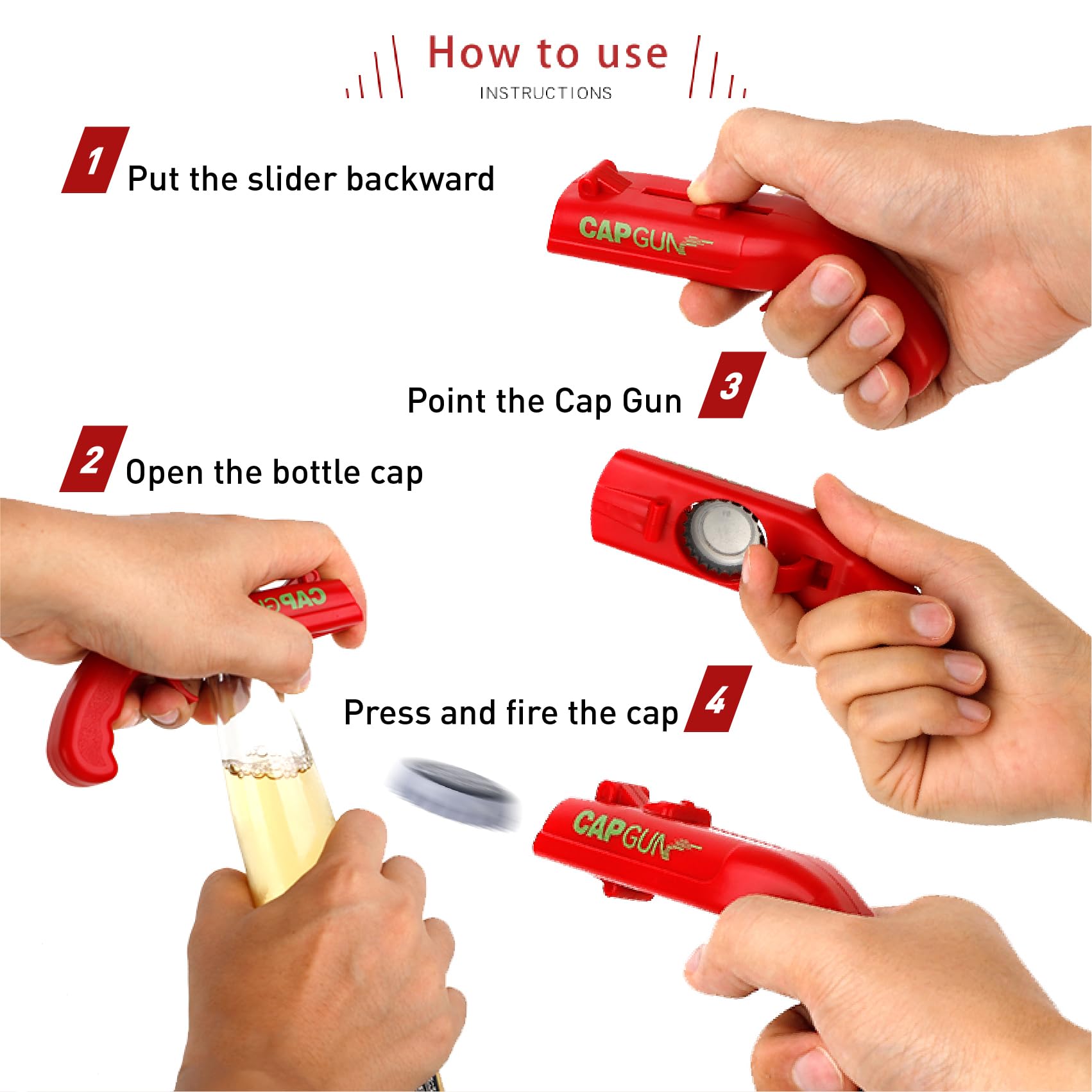 Dervyxious cap gun bottle opener with ergonomic grip for comfortable use