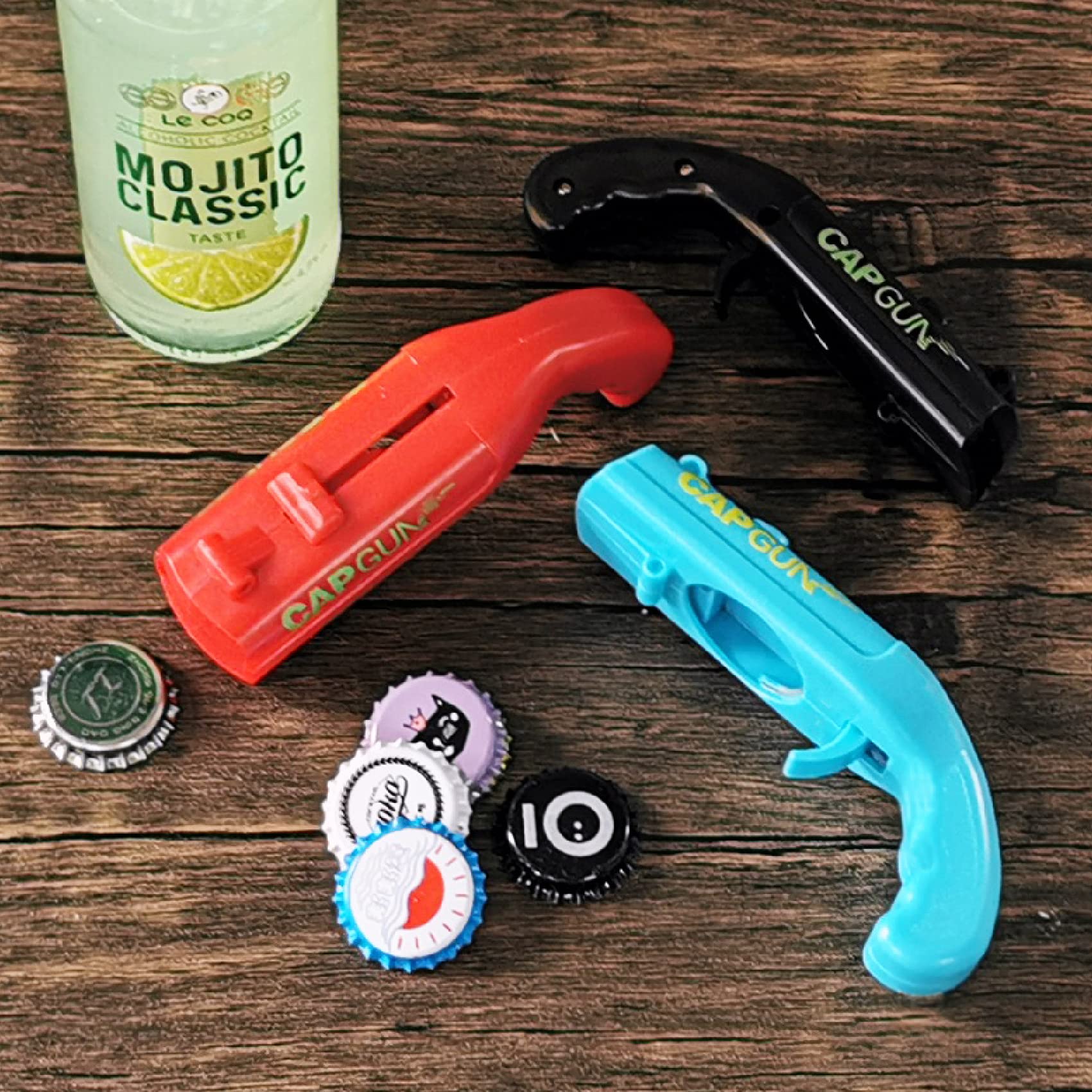 Dervyxious cap gun bottle opener with safety emphasis and responsible use