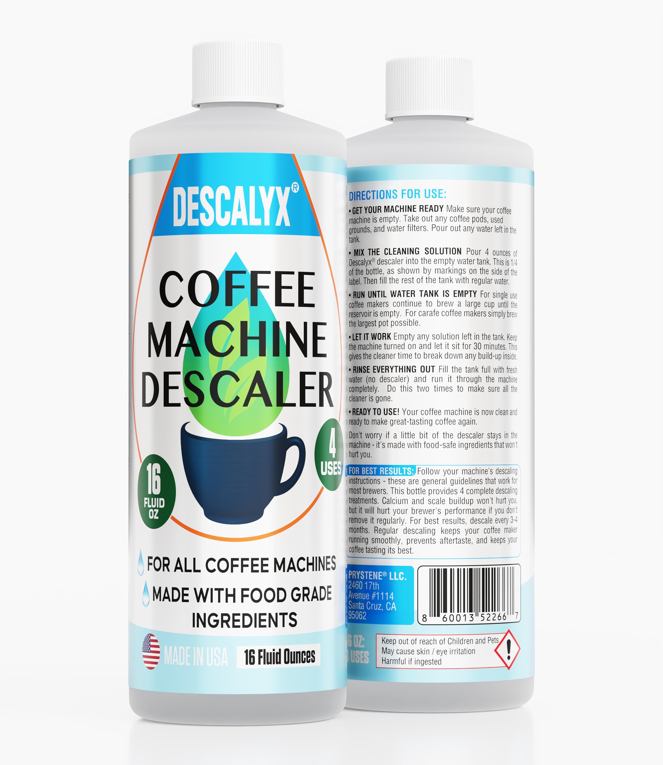 Descalyx descaler bottle on counter shows easy pour for quick cleaning.