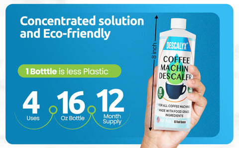 Descalyx packaging box highlights US-made, eco-friendly bottle and reduced plastic.