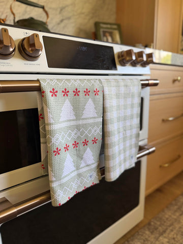 Desert Aqua towels with hanging loop ready for easy drying and storage.