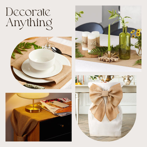 Designer Burlap Table Runner measures 12in x 10yd for versatile décor