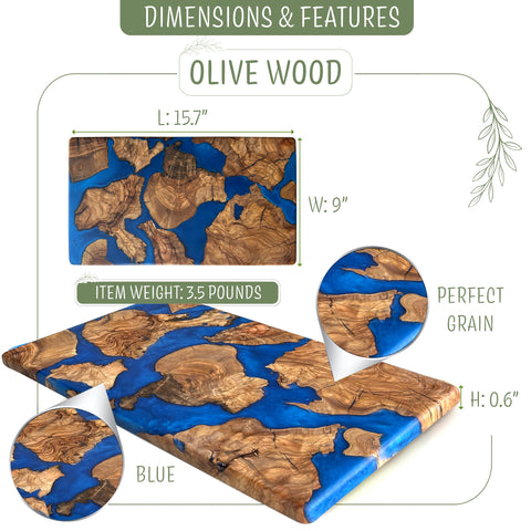 Designium blue resin river cutting board used for elegant cheese and fruit presentation