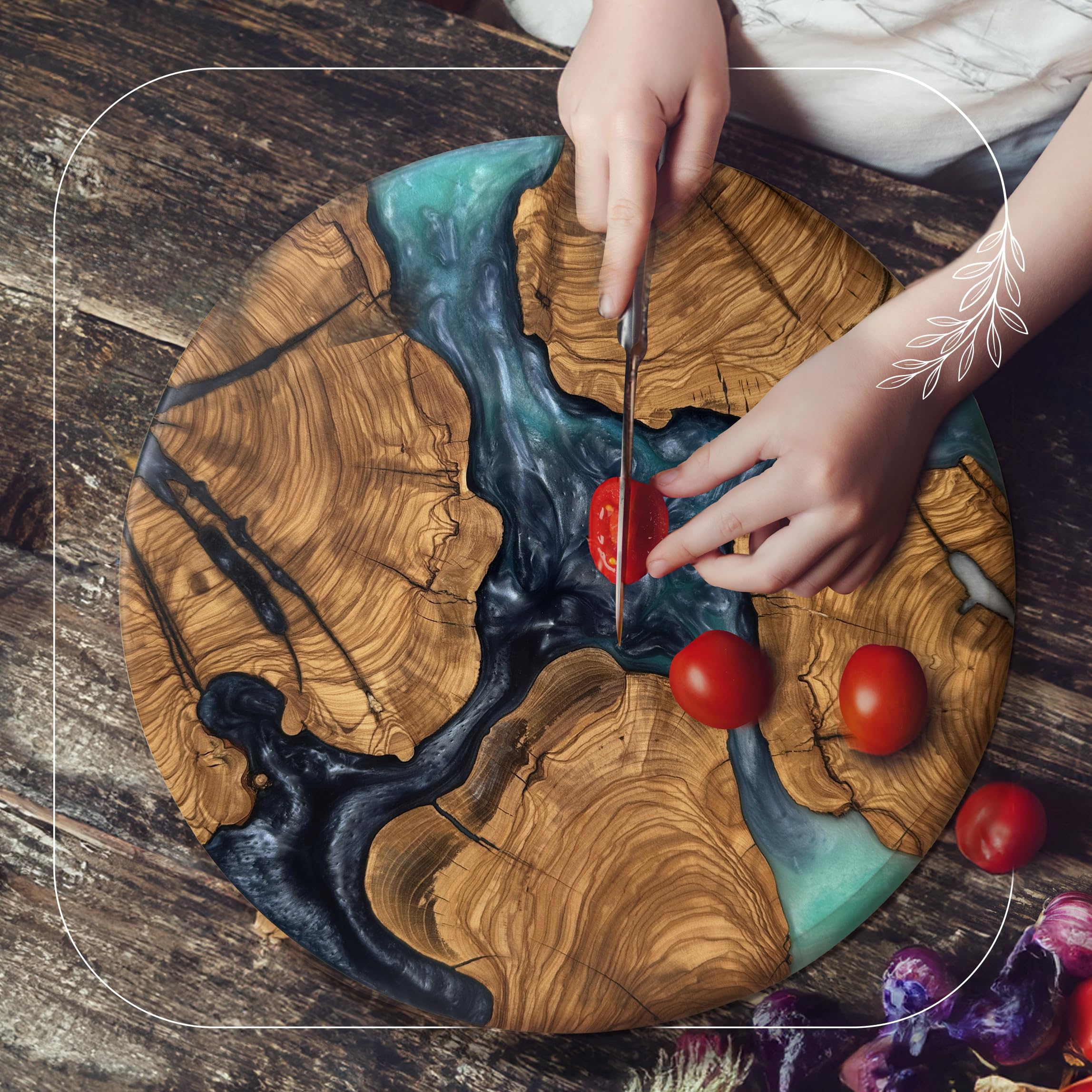Designium dining centerpiece round wood board enhances tablescapes and social sharing.