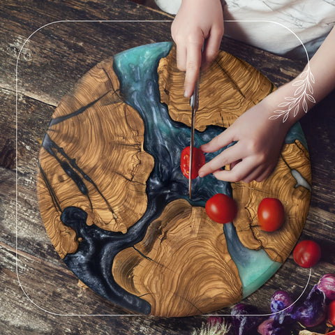 Designium dining centerpiece round wood board enhances tablescapes and social sharing.