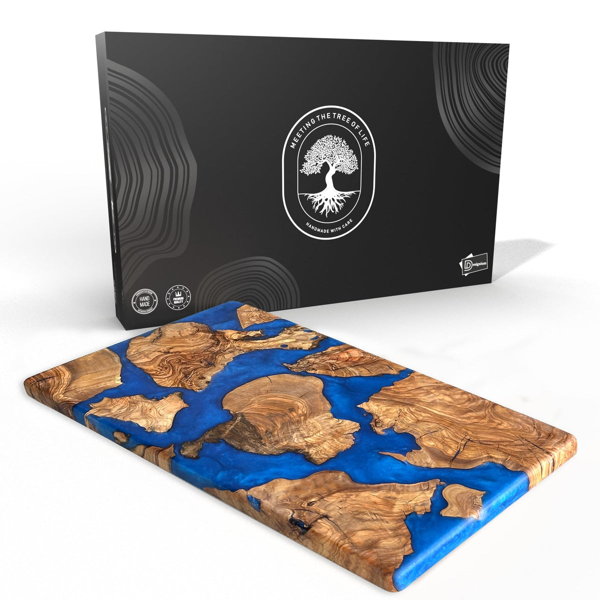 Designium olive wood resin cutting board showing natural grain with blue resin river for stylish serving