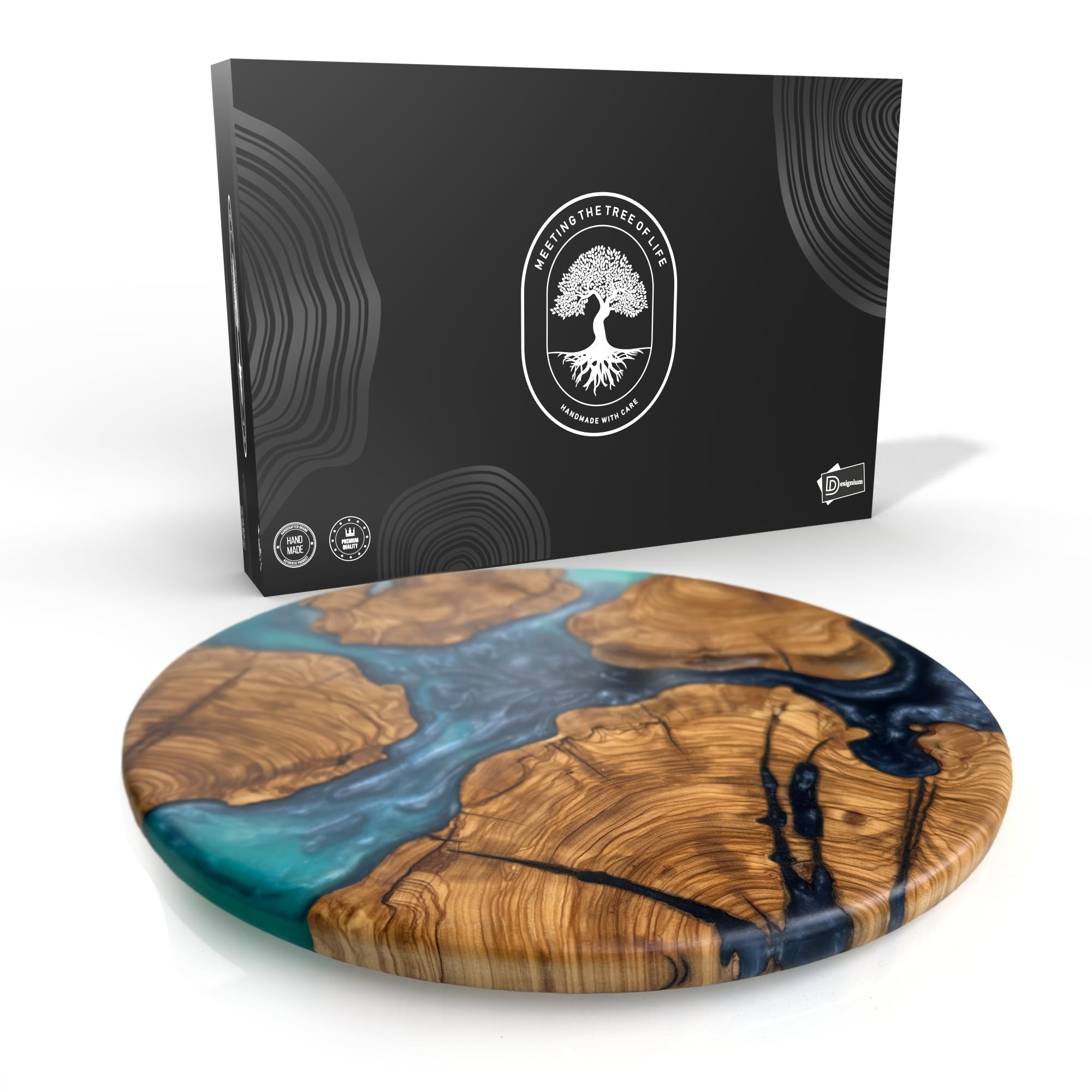 Designium olive wood round resin cheese board with ocean oasis design, perfect for entertaining guests.