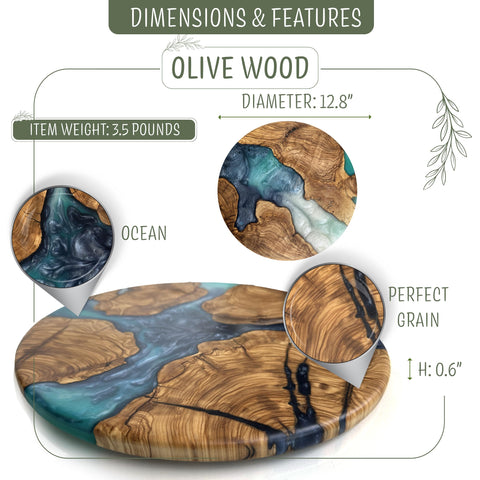 Designium round charcuterie board in olive wood with blue resin for stylish serving.