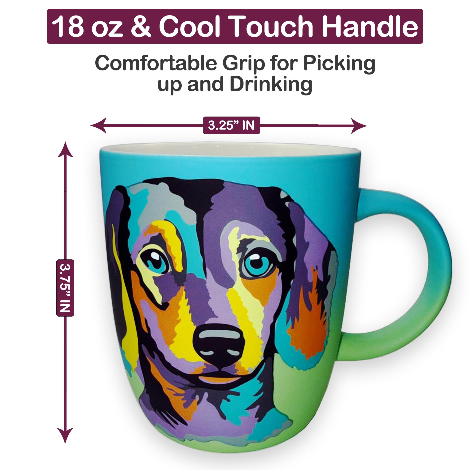 DesirableSip Dachshund blue mug demonstrates 18oz capacity for generous daily servings.