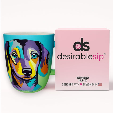 DesirableSip dachshund blue mug packaged as a thoughtful dog lover gift.