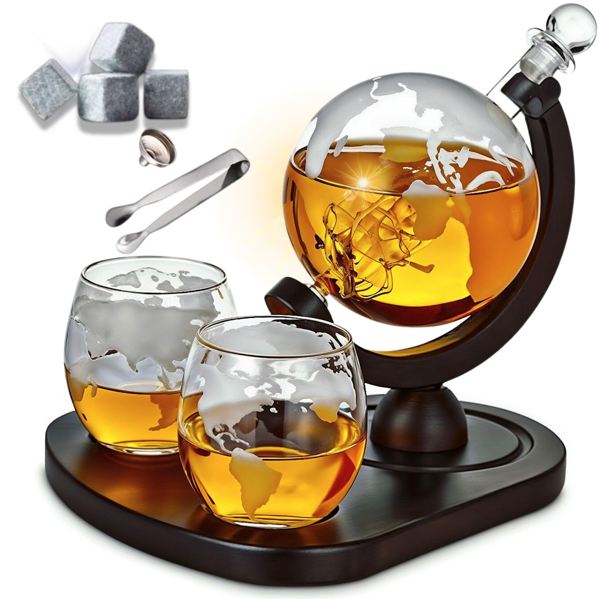 Desired Cart whiskey decanter globe set on a bar display highlighting elegant globe motif