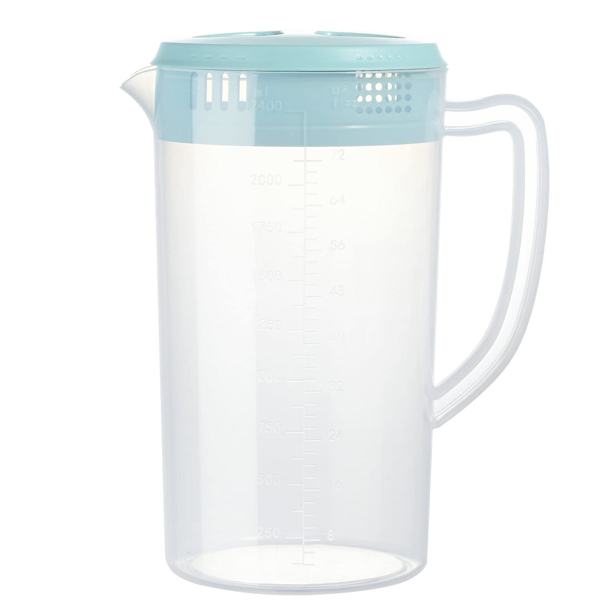 DeSJ pitcher with blue lid showing secure cap for fresh beverages at home