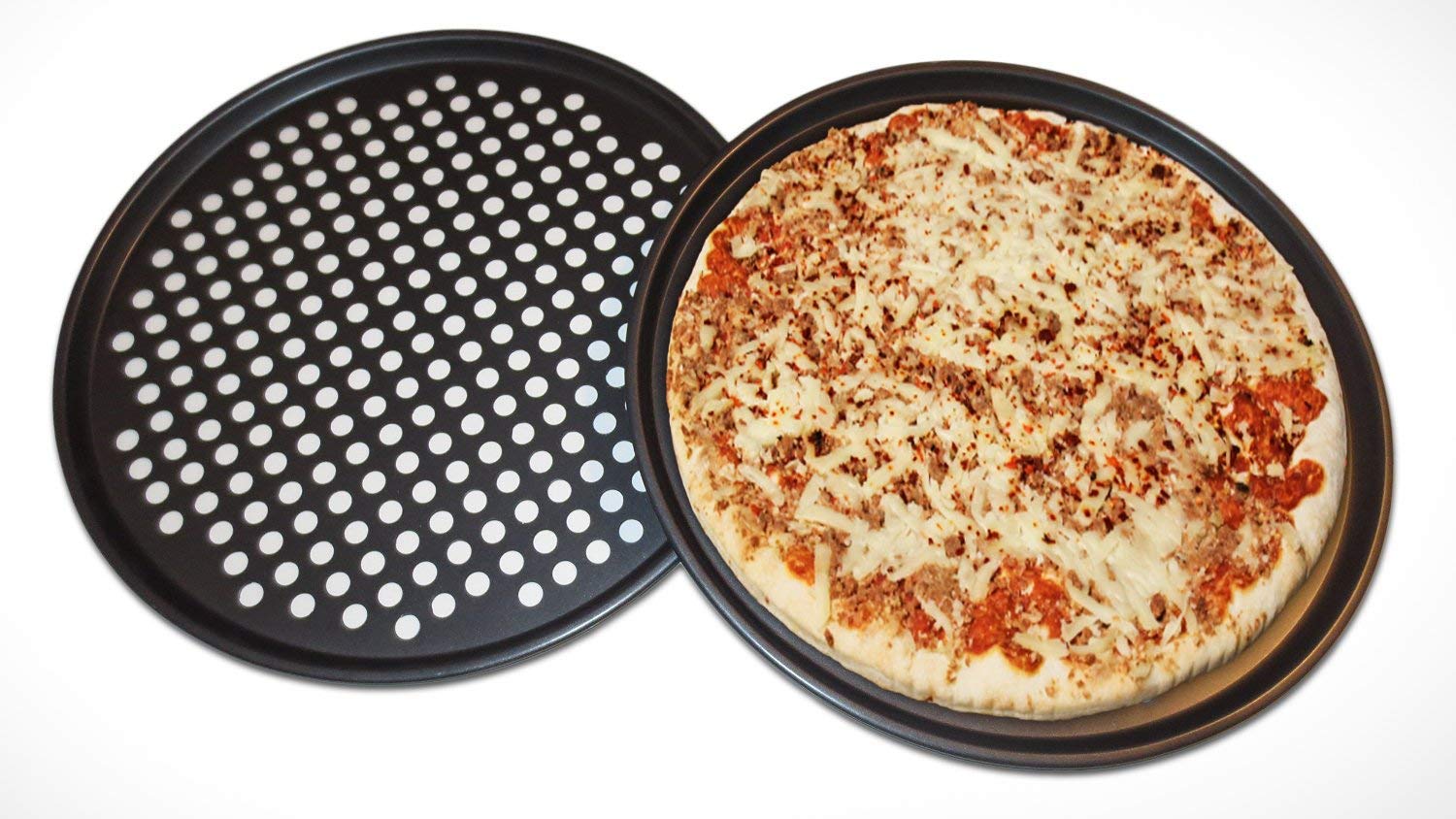 Destinymd pizza pan in oven-ready perforated design promotes even heat distribution.