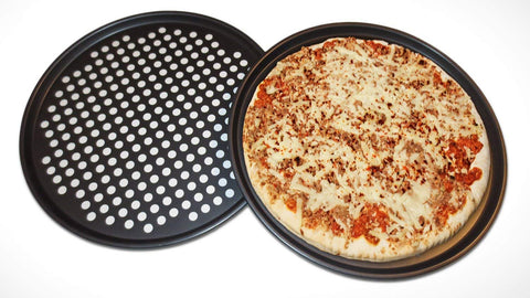 Destinymd pizza pan in oven-ready perforated design promotes even heat distribution.
