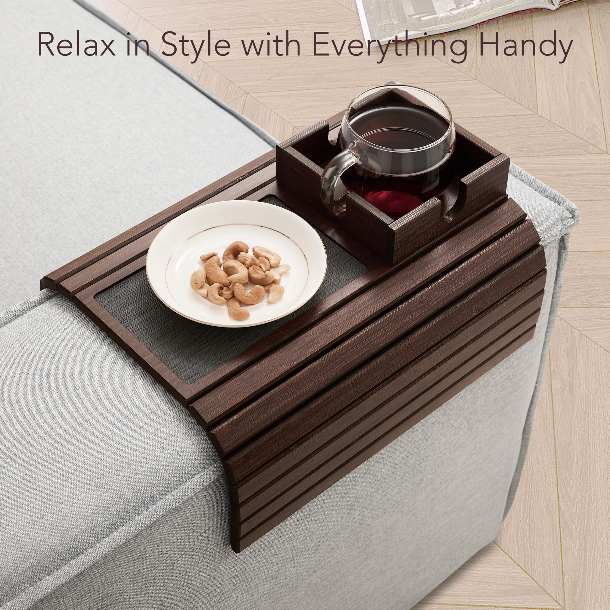 Detor armrest tray side view showing wide armrest compatibility.