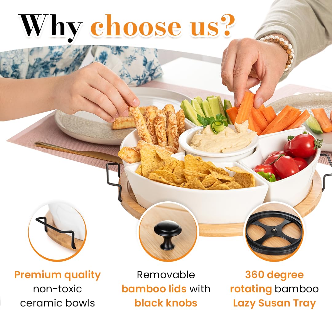 Divided round platter by DEVA for organized chips and veggies