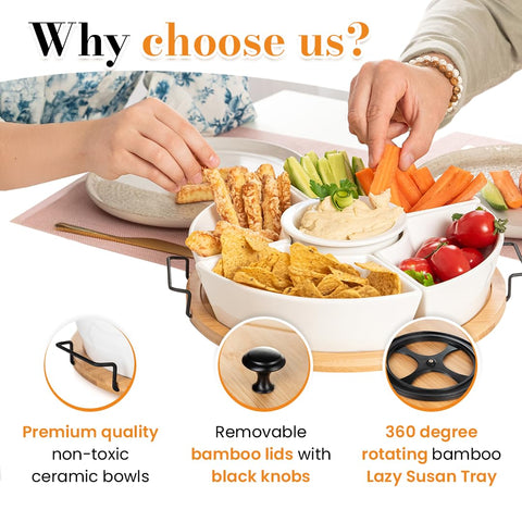 Divided round platter by DEVA for organized chips and veggies