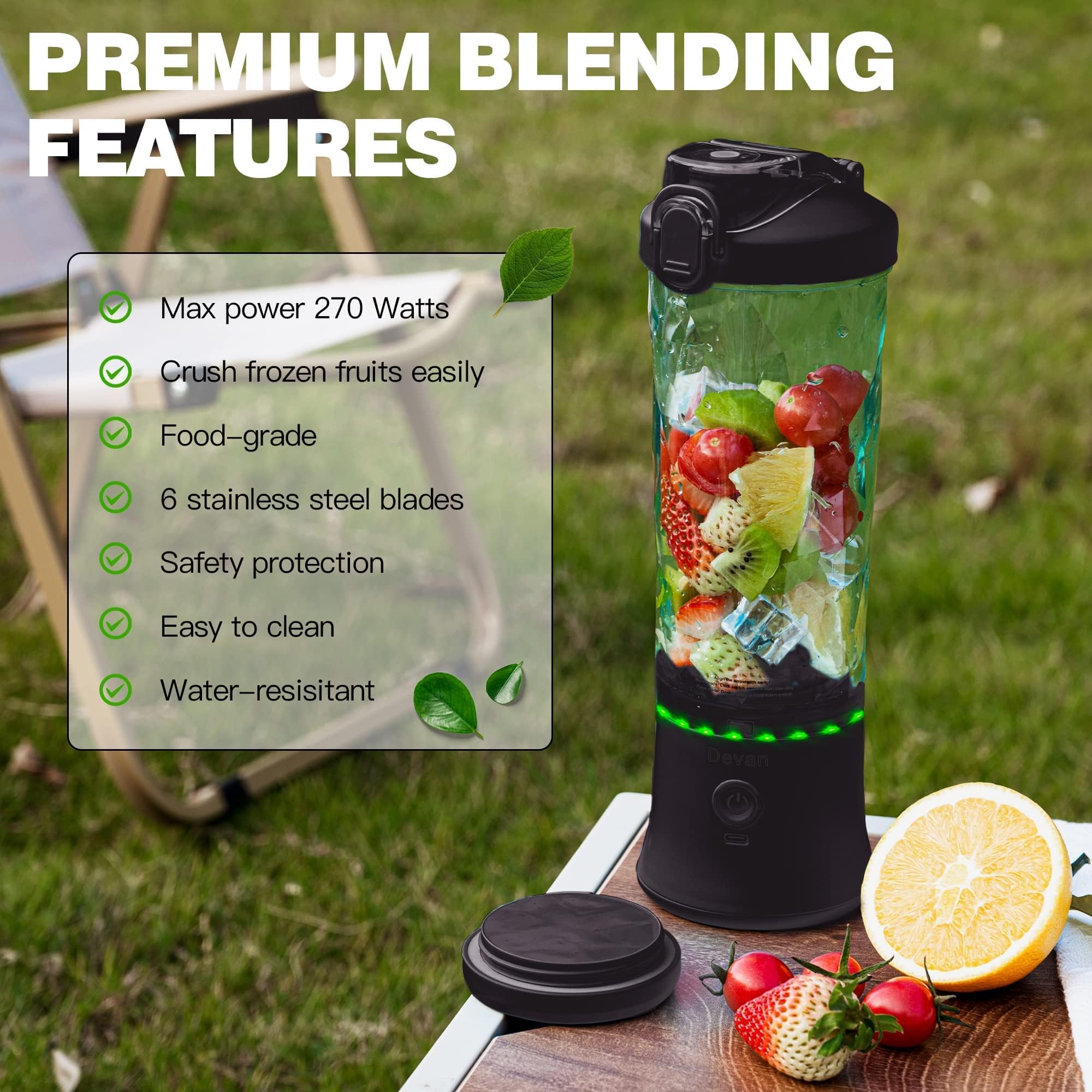 Devan portable blender travel lid enables easy-to-carry smoothies anywhere.