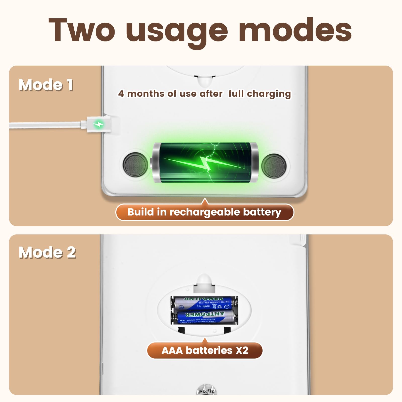 Deweywei usb-battery-power-scale supports USB charging or battery power.