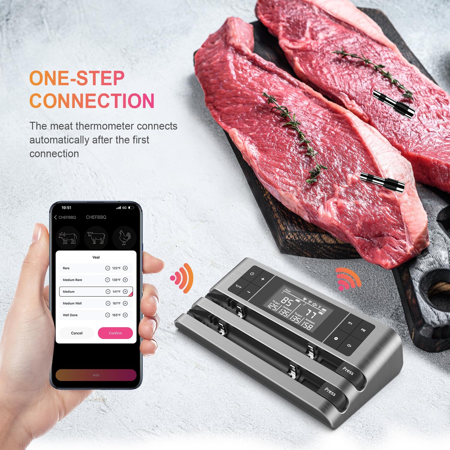 Dewjom dual-sensor probe close-up highlights internal and ambient readings.