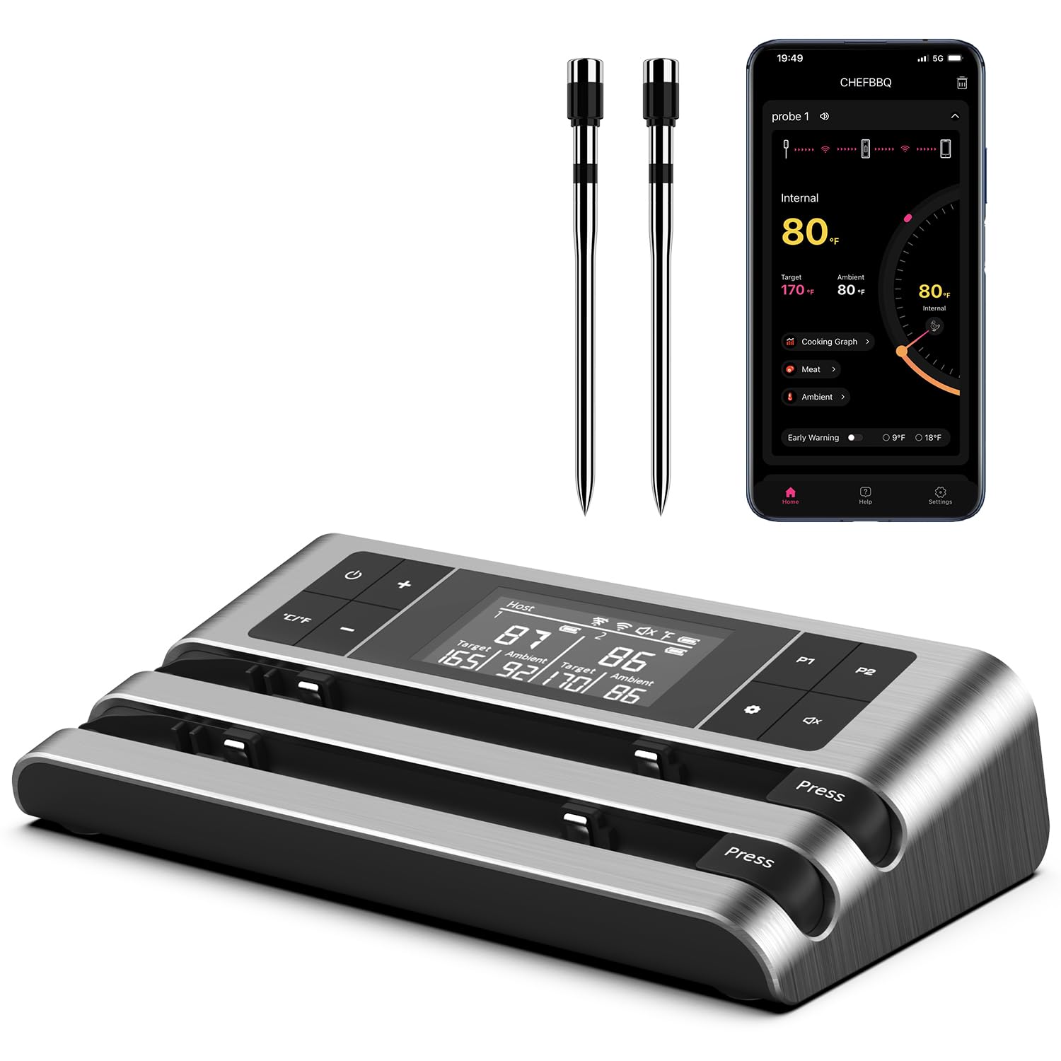 Dewjom wireless thermometer main unit display shows temperature and status.