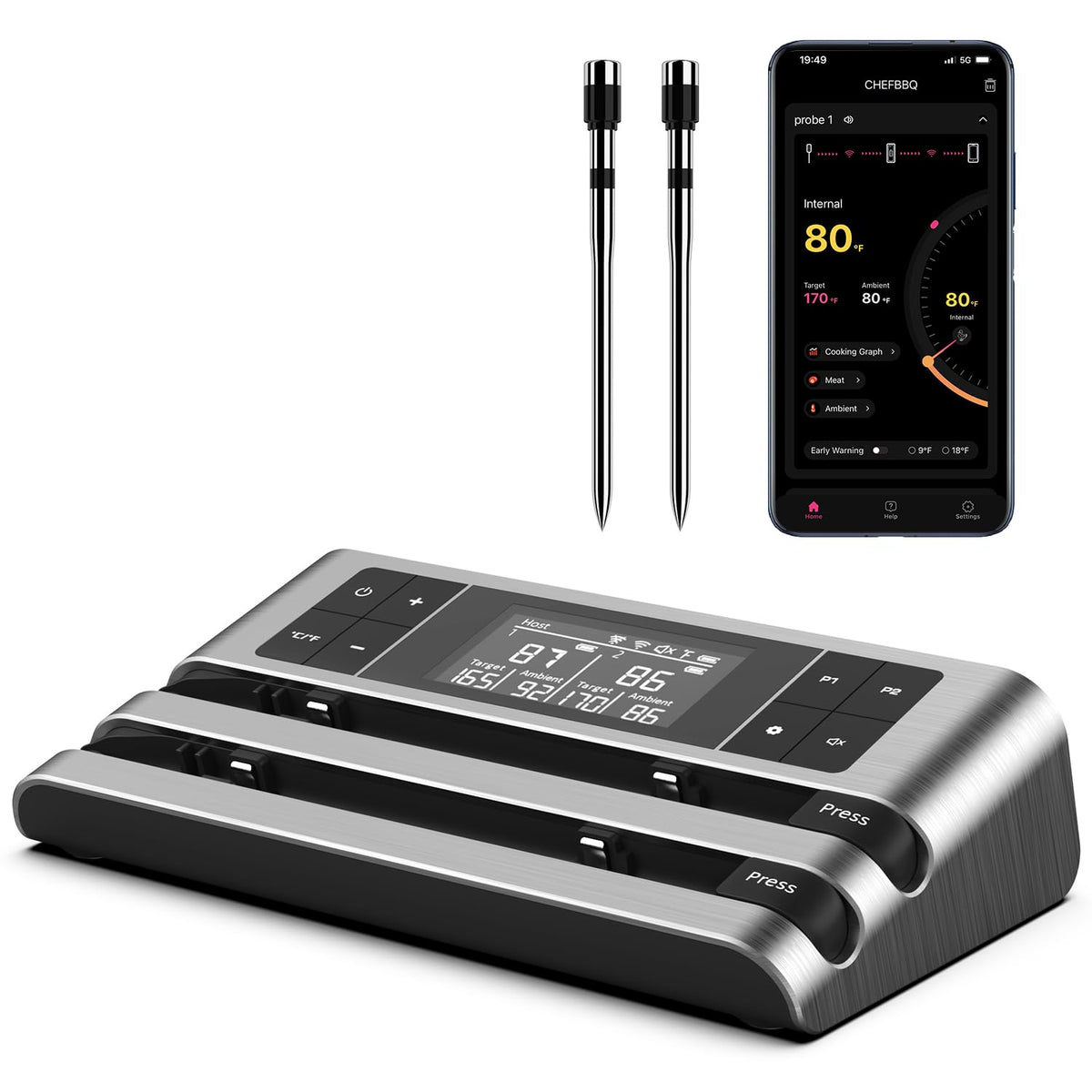 Dewjom wireless thermometer main unit display shows temperature and status.