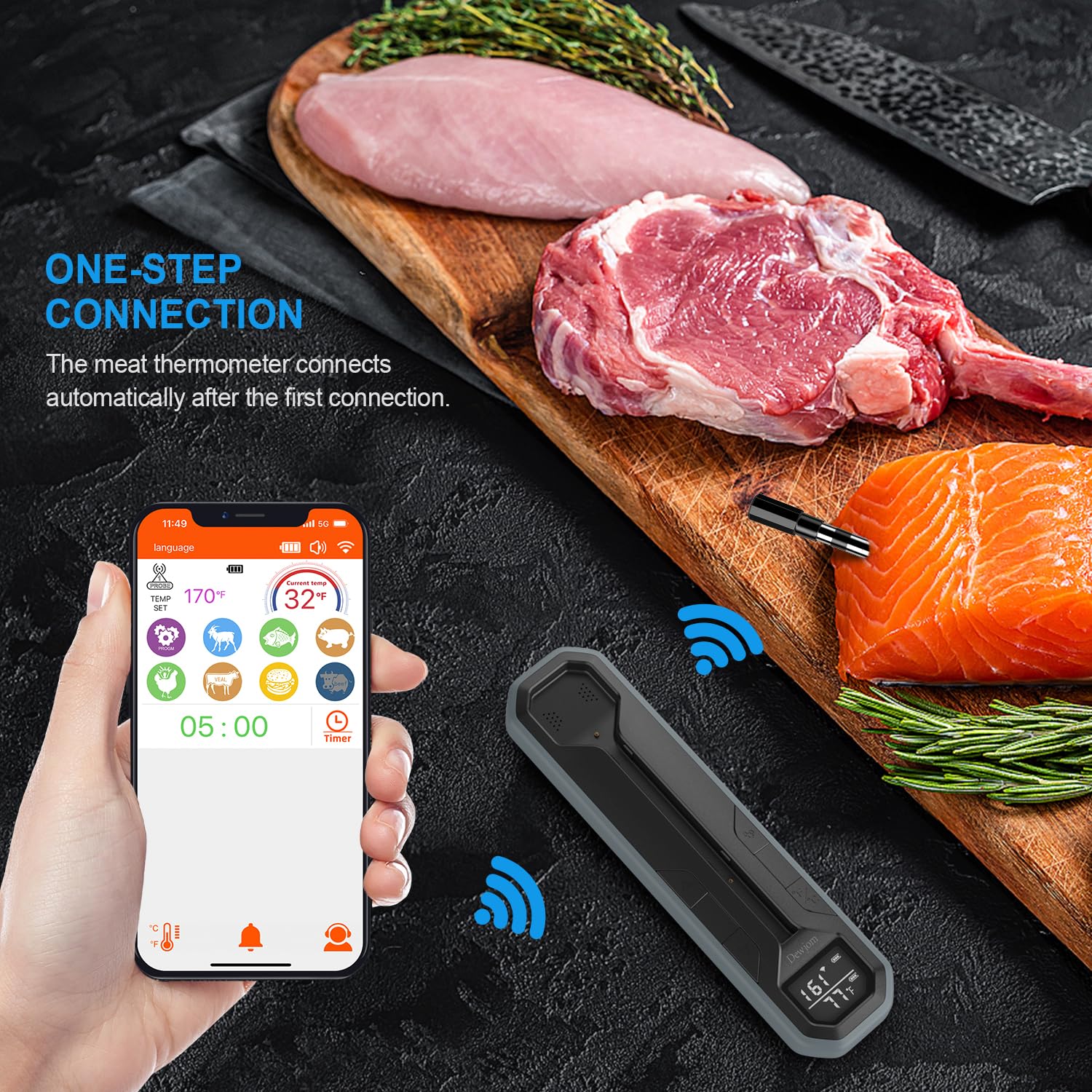 Dewjom app control view showing remote cooking alerts