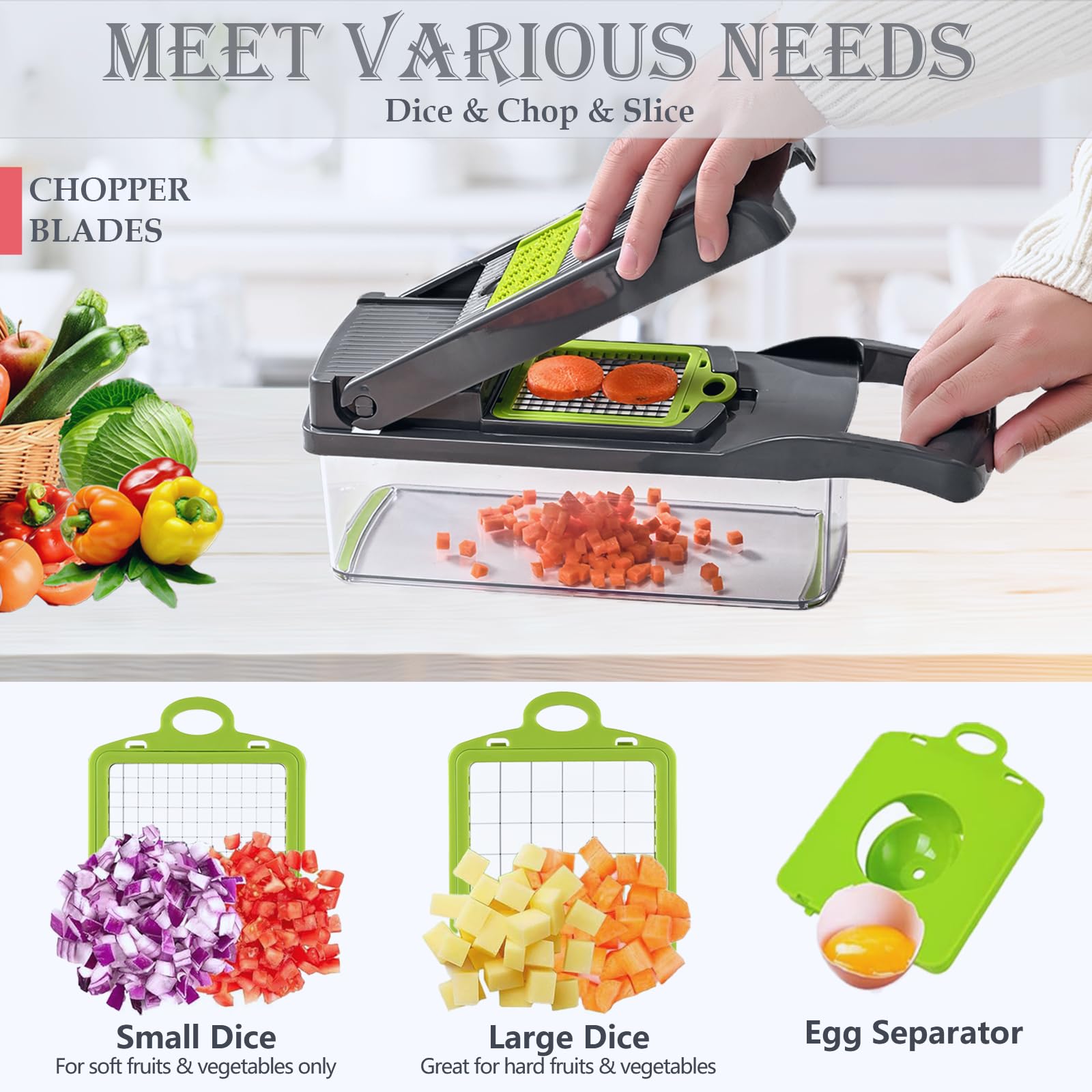 Dewpeton mandoline slicer creates precise cuts for veggies and fruits.