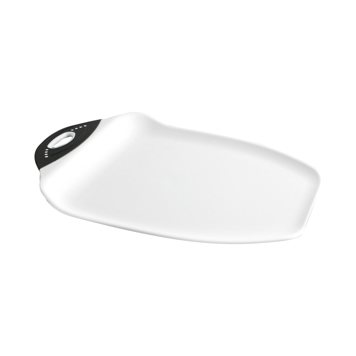 Dexas Chop & Scoop board cutting juicy fruits with a curved edge to contain juices.