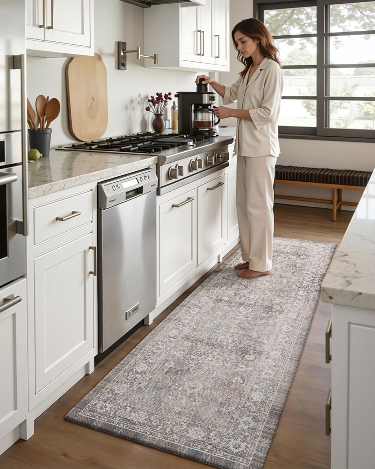 DEXI retro floral kitchen mat beige grey adds elegant style to any counter