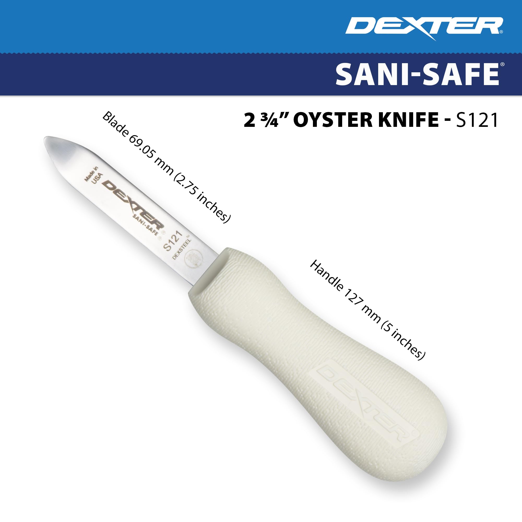 Dexter Outdoors Compact blade provides leverage for controlled oyster opening.