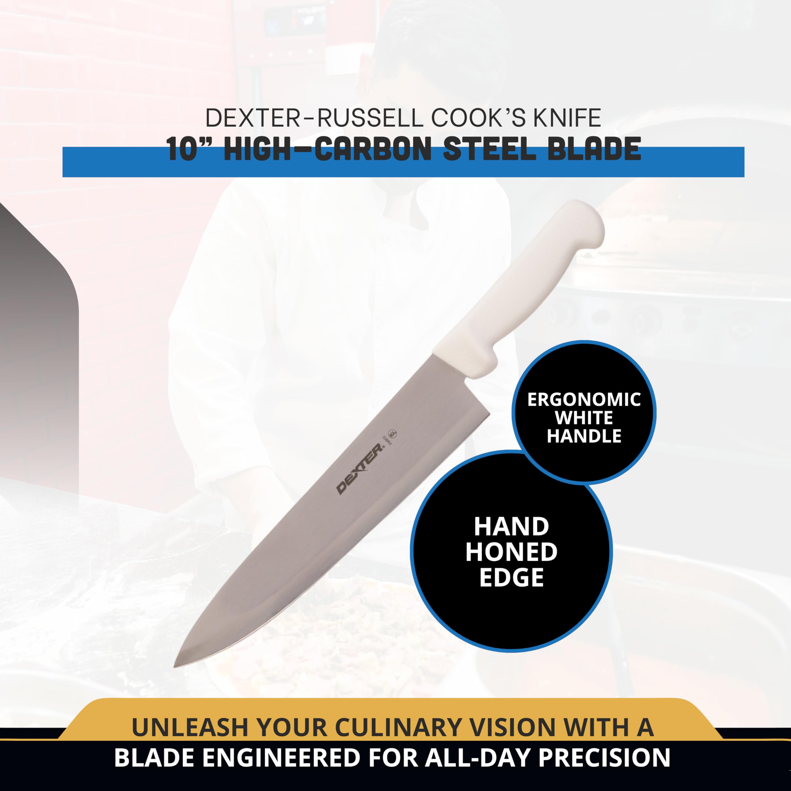 Dexter-Russell 10-inch knife with ergonomic white handle offering comfortable long prep