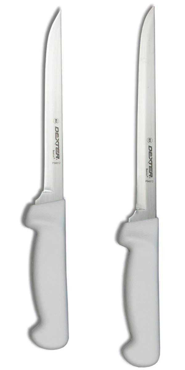 Dexter-Russell 7- and 8-inch fillet knife bundle with white handles for precise meat and fish prep.
